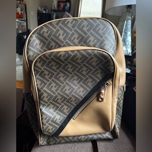 Preowned Like New Fendi FF Logo Chiogo Leather Canvas Backpack Beige/Brown